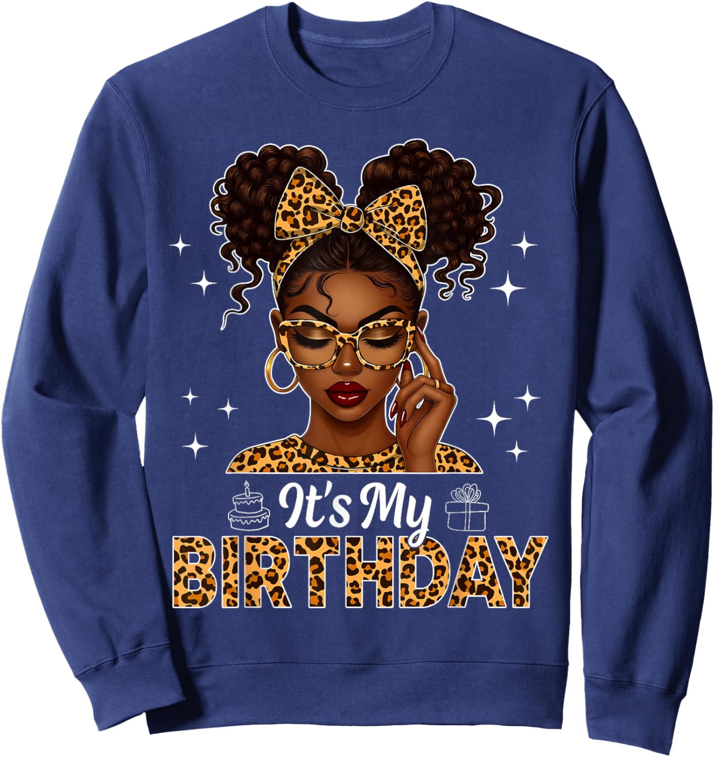 Afro Woman Black Girl Women Leopard Bow It's My Birthday Sweatshirt - Sweatshirt | Navy