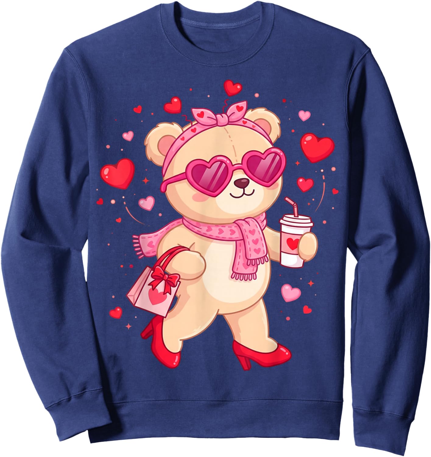 Cute Teddy Bear Women Valentines Day Shirt Girl Heart Sweatshirt - Sweatshirt | Navy