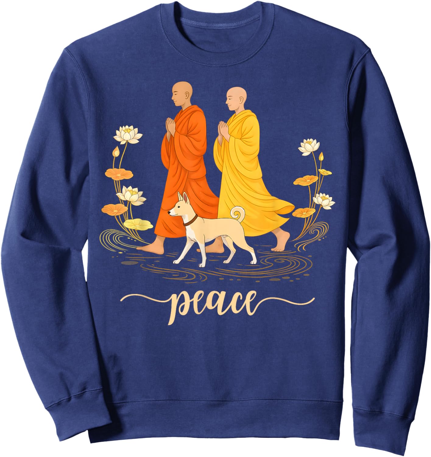Walk for Peace Monk and Faithful Dog Zen Calm Minimalist Art Sweatshirt - Sweatshirt | Navy