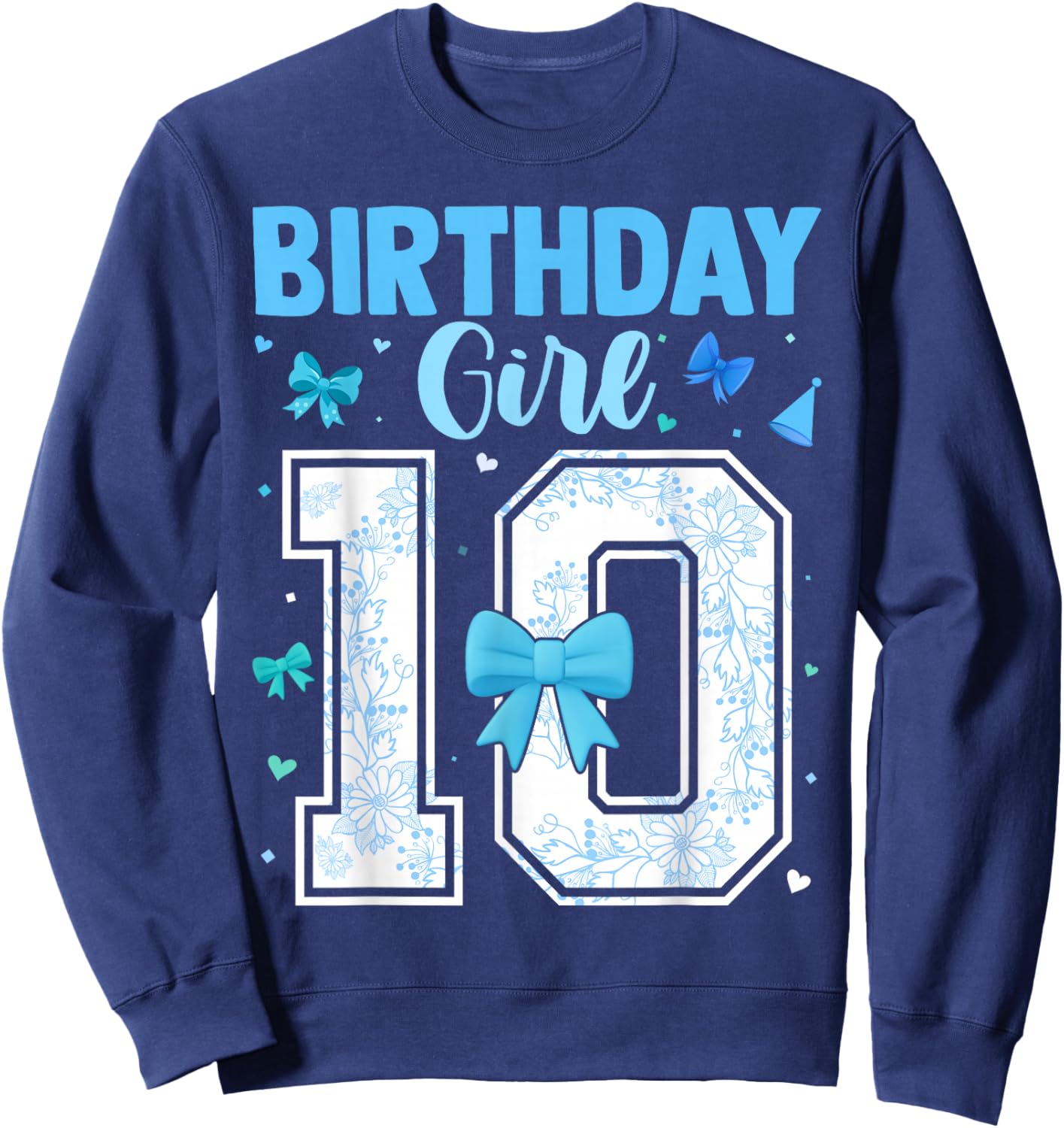 10th Birthday Girl Blue Toile Coquette Bow 10 Year Old Sweatshirt - Sweatshirt | Navy
