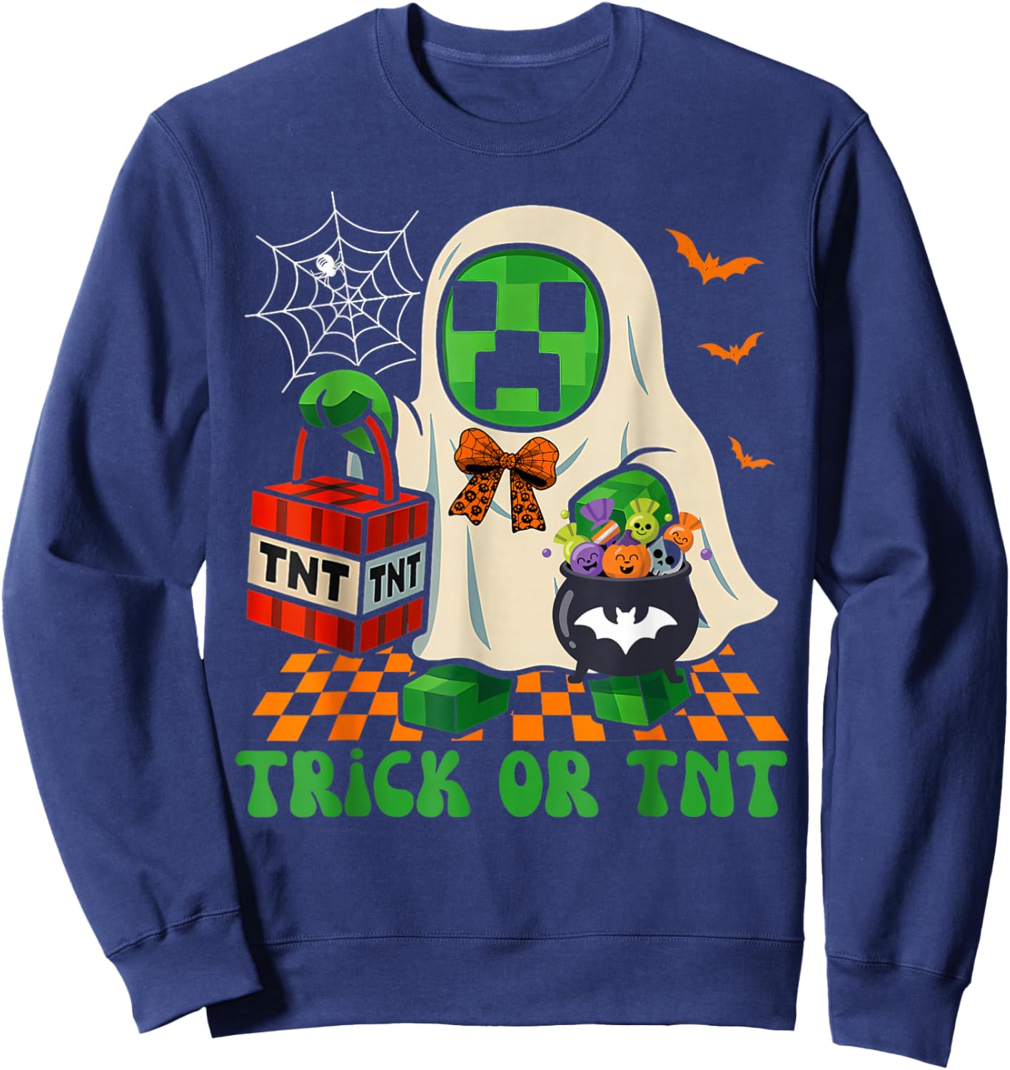 Funny Halloween Ghost Gamer Pixel Kids Boy Trick or TNT Sweatshirt - Sweatshirt | Navy