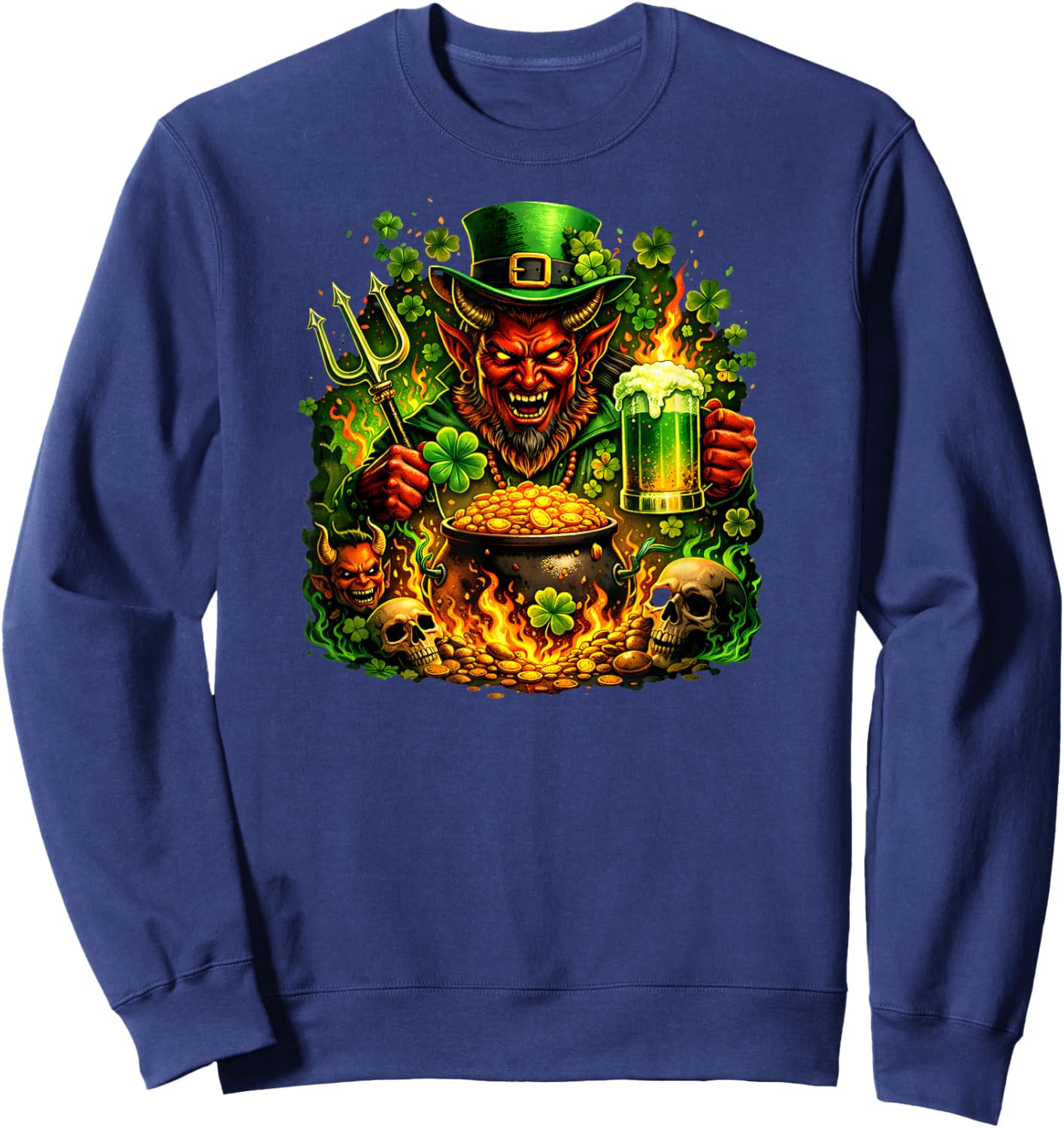 Dark St Patricks Day Evil Leprechaun Devil Skull Men Graphic Sweatshirt - Sweatshirt | Navy