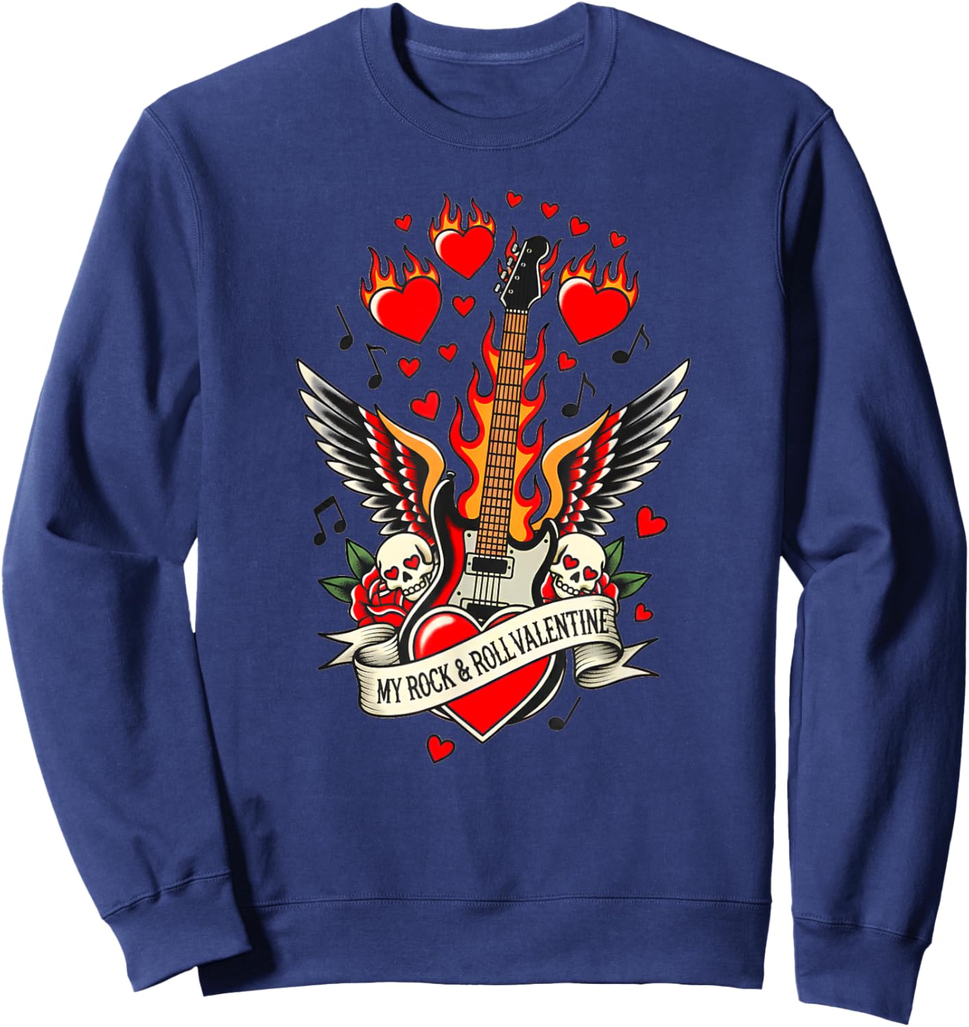 Valentine’s My Rock and Roll Valentine Guitar Wings Skulls Sweatshirt - Sweatshirt | Navy