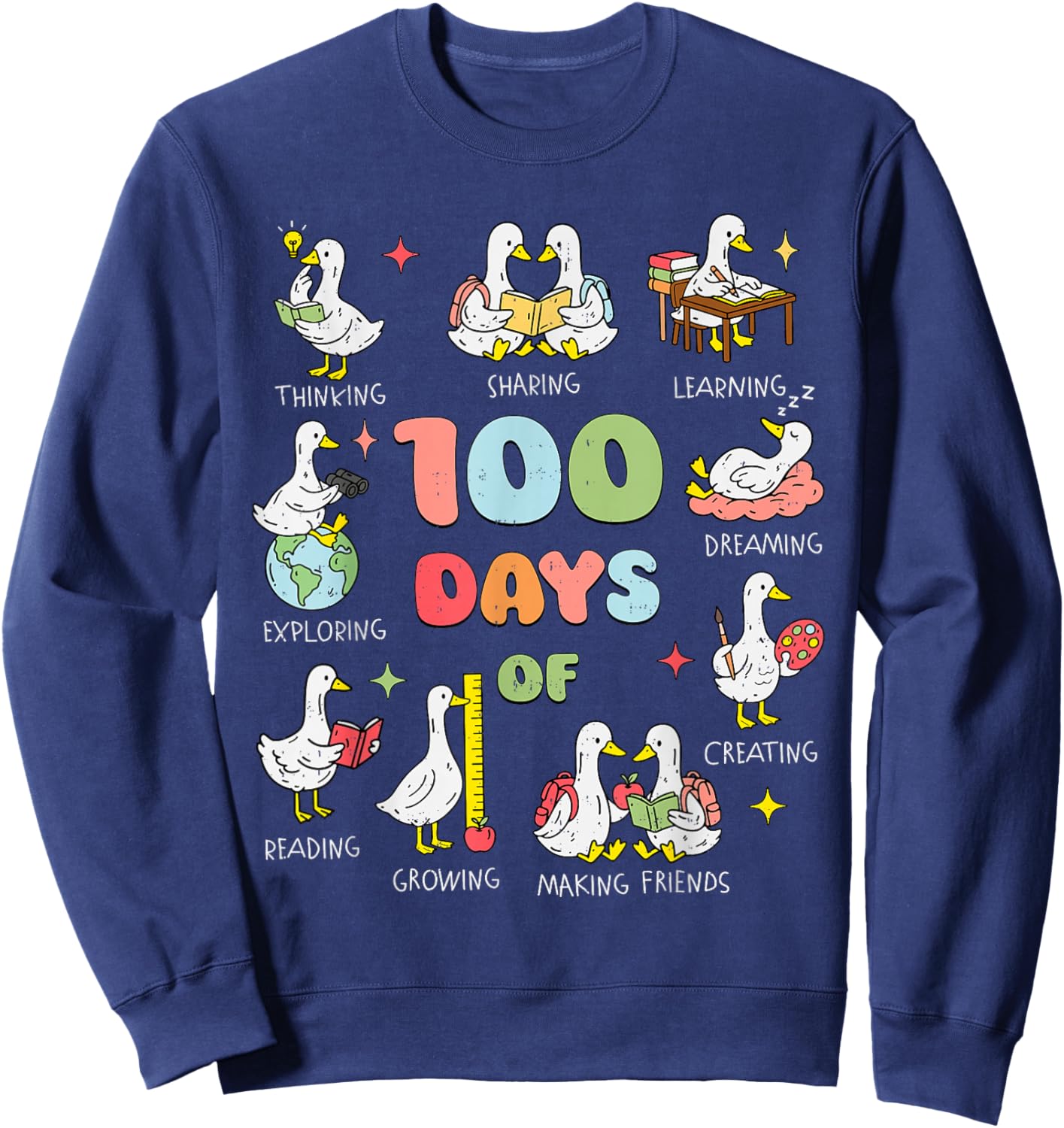Happy 100 Days of School Girl Kids Goose 100th Day of School Sweatshirt - Sweatshirt | Navy