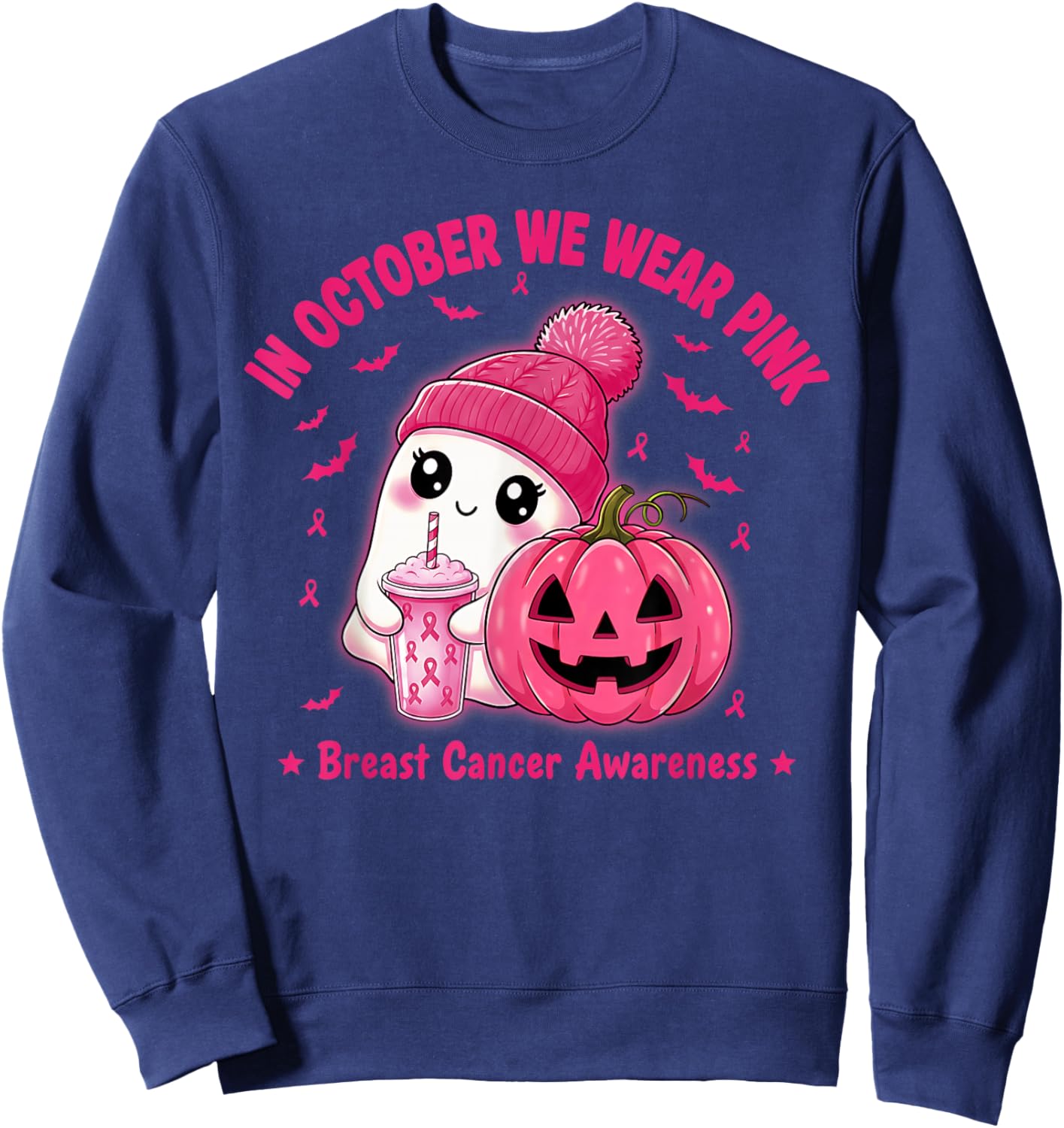 in October We Wear Pink Cute Ghost Breast Cancer Awareness Sweatshirt - Sweatshirt | Navy