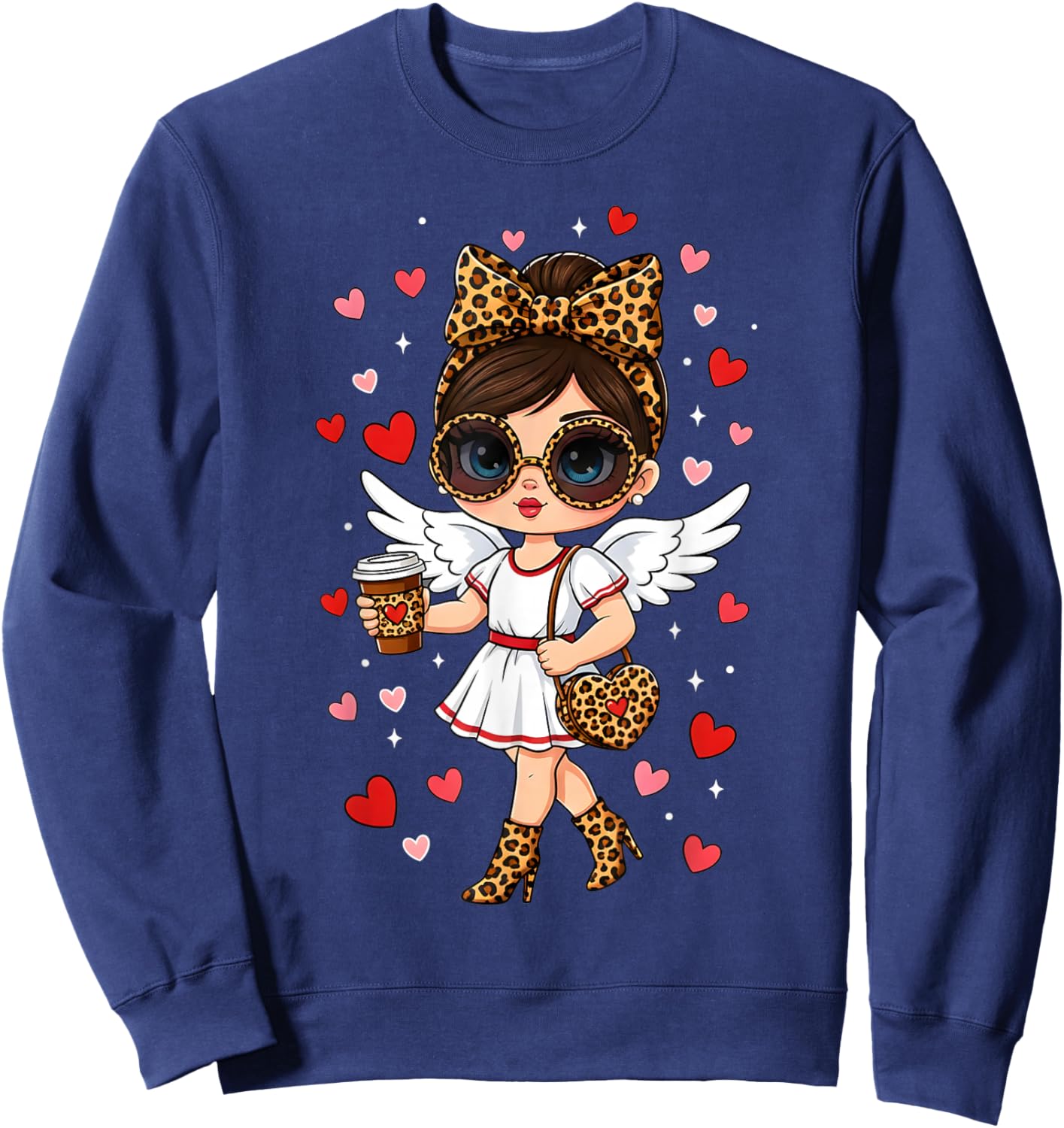 Leopard Cupid Drinking Coffee Valentines Day Women Heart Sweatshirt - Sweatshirt | Navy