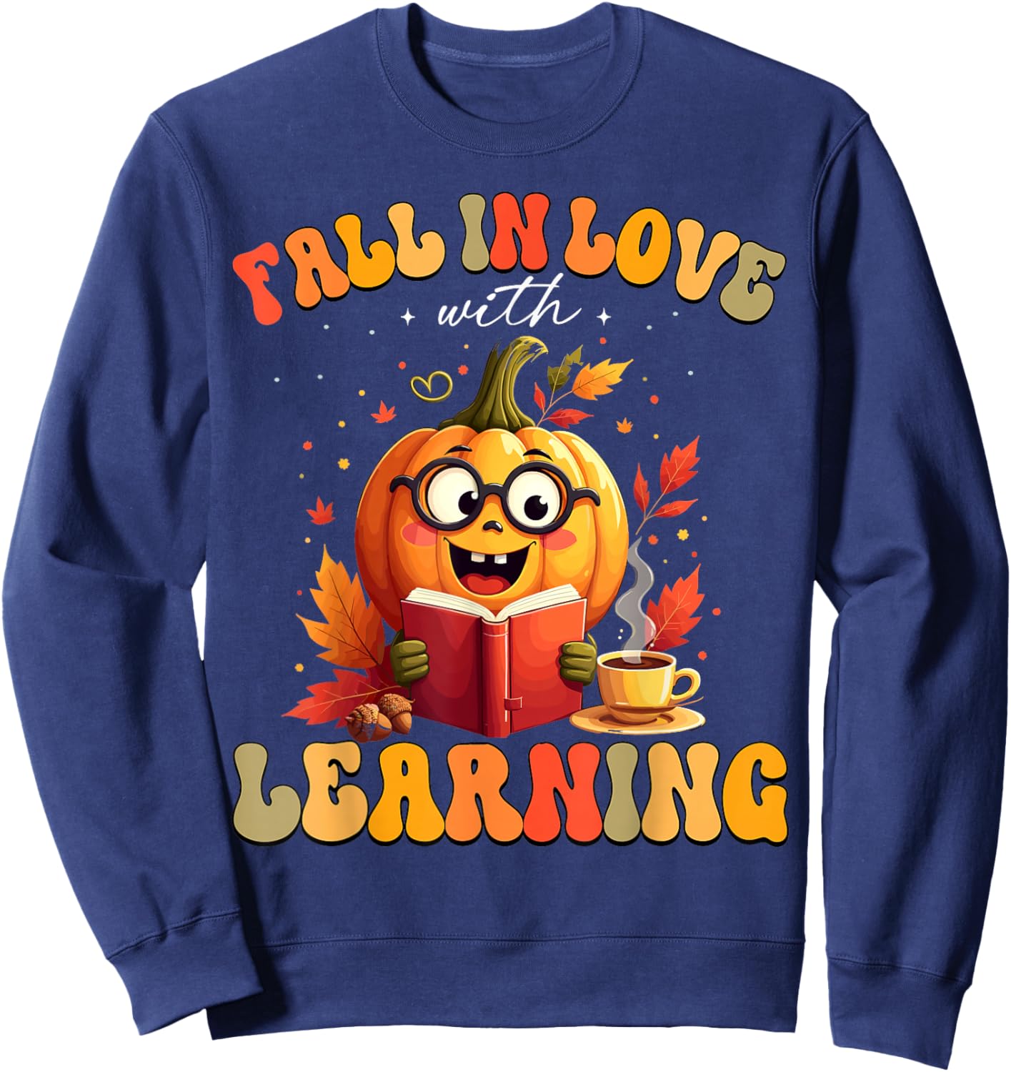 Retro Fall in Love with Learning Autumn Pumpkin Teacher Kids Sweatshirt - Sweatshirt | Navy