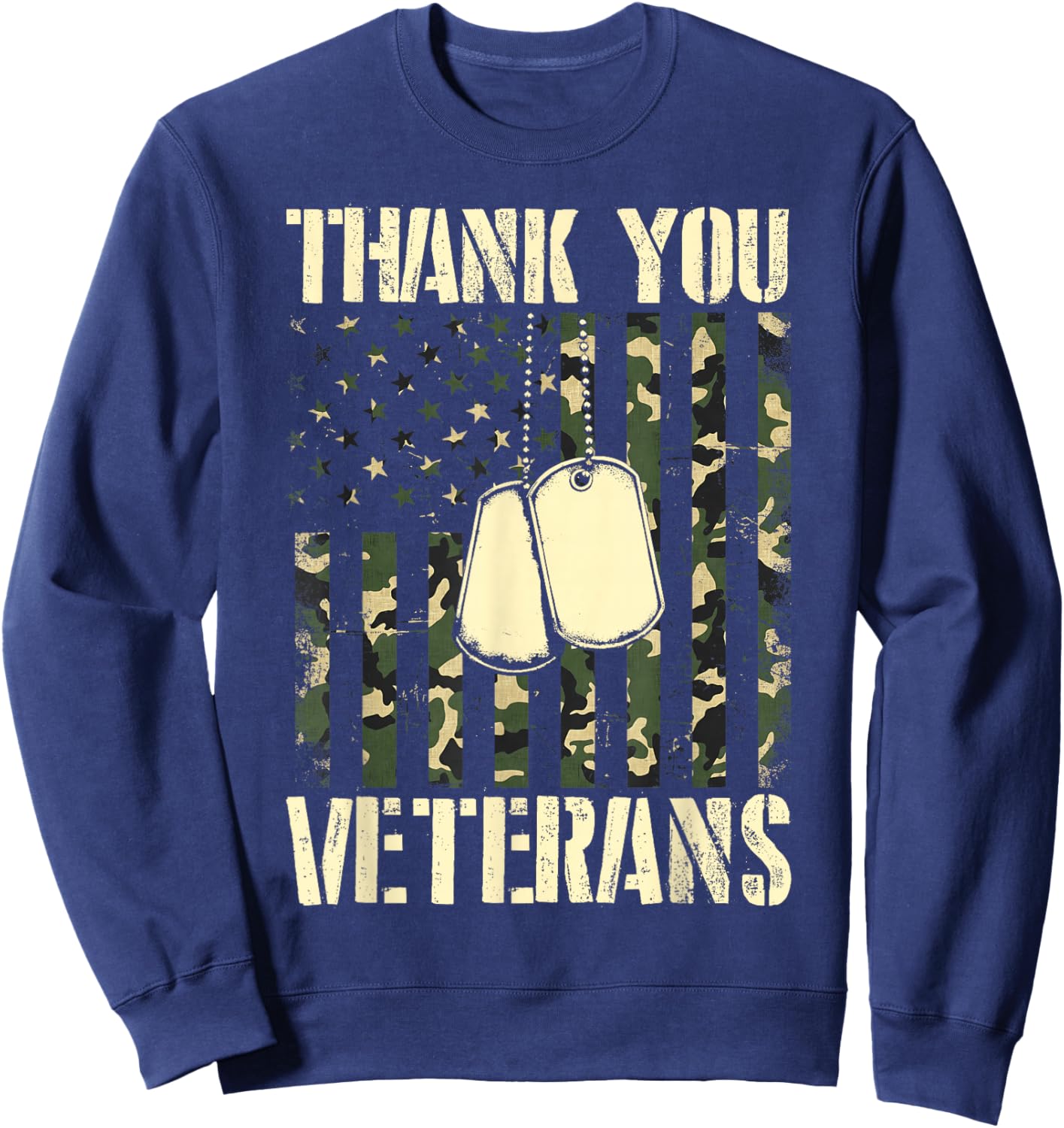Thank You Veterans Patriotic Dog Tag American Flag Men Women Sweatshirt - Sweatshirt | Navy