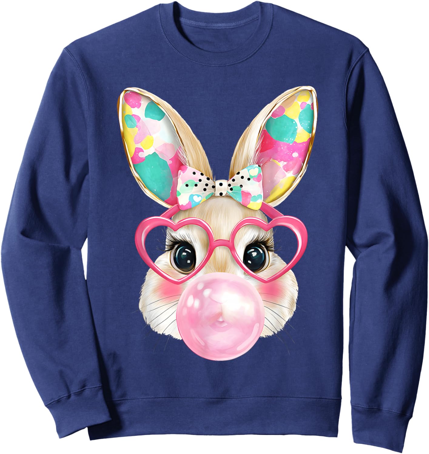 Easter Day Bunny Rabbit Face Bubble Gum Colorful Girl Women Sweatshirt - Sweatshirt | Navy