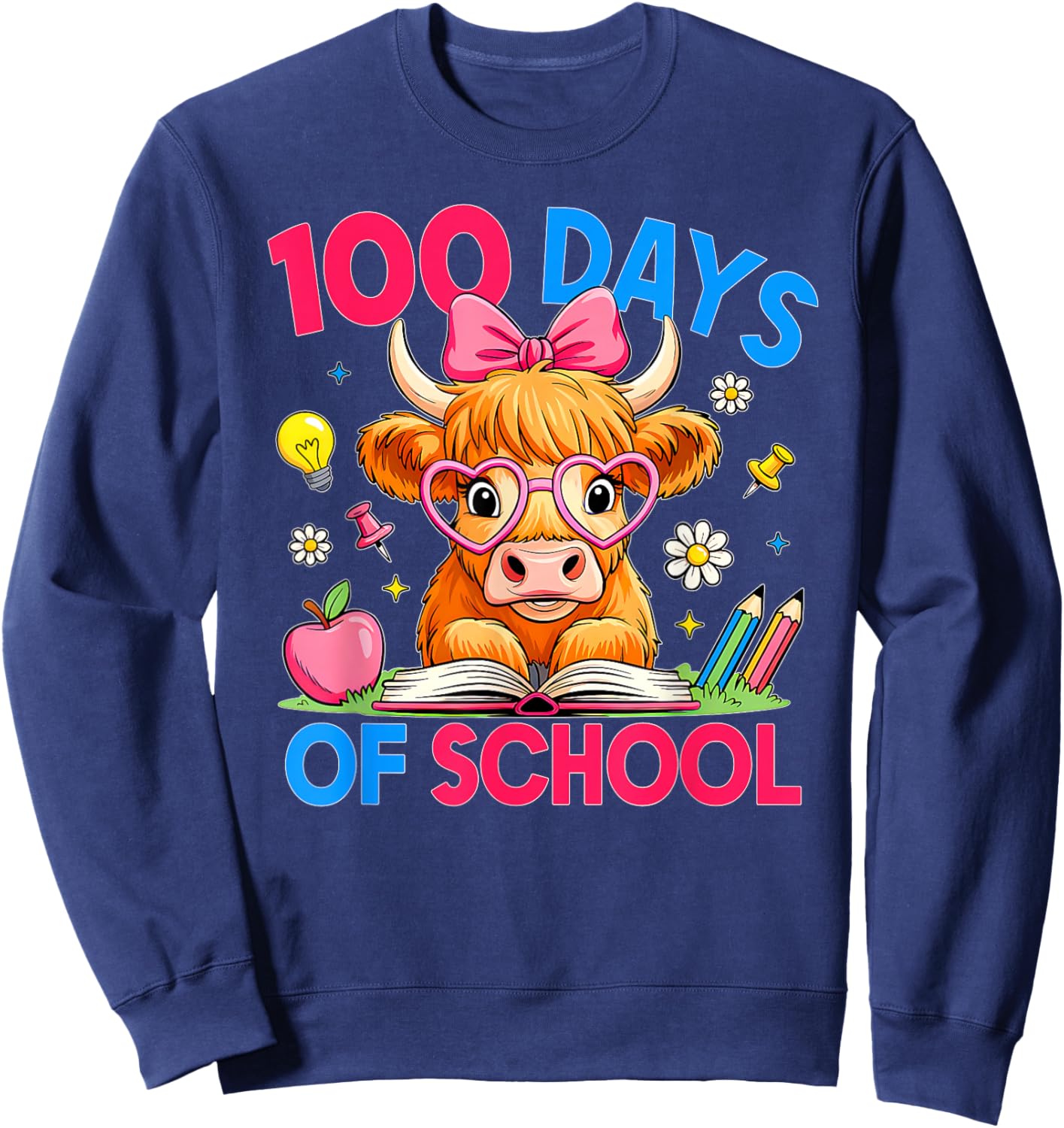 Highland Cow 100 Days of School Teacher Kids 100th Day Sweatshirt - Sweatshirt | Navy