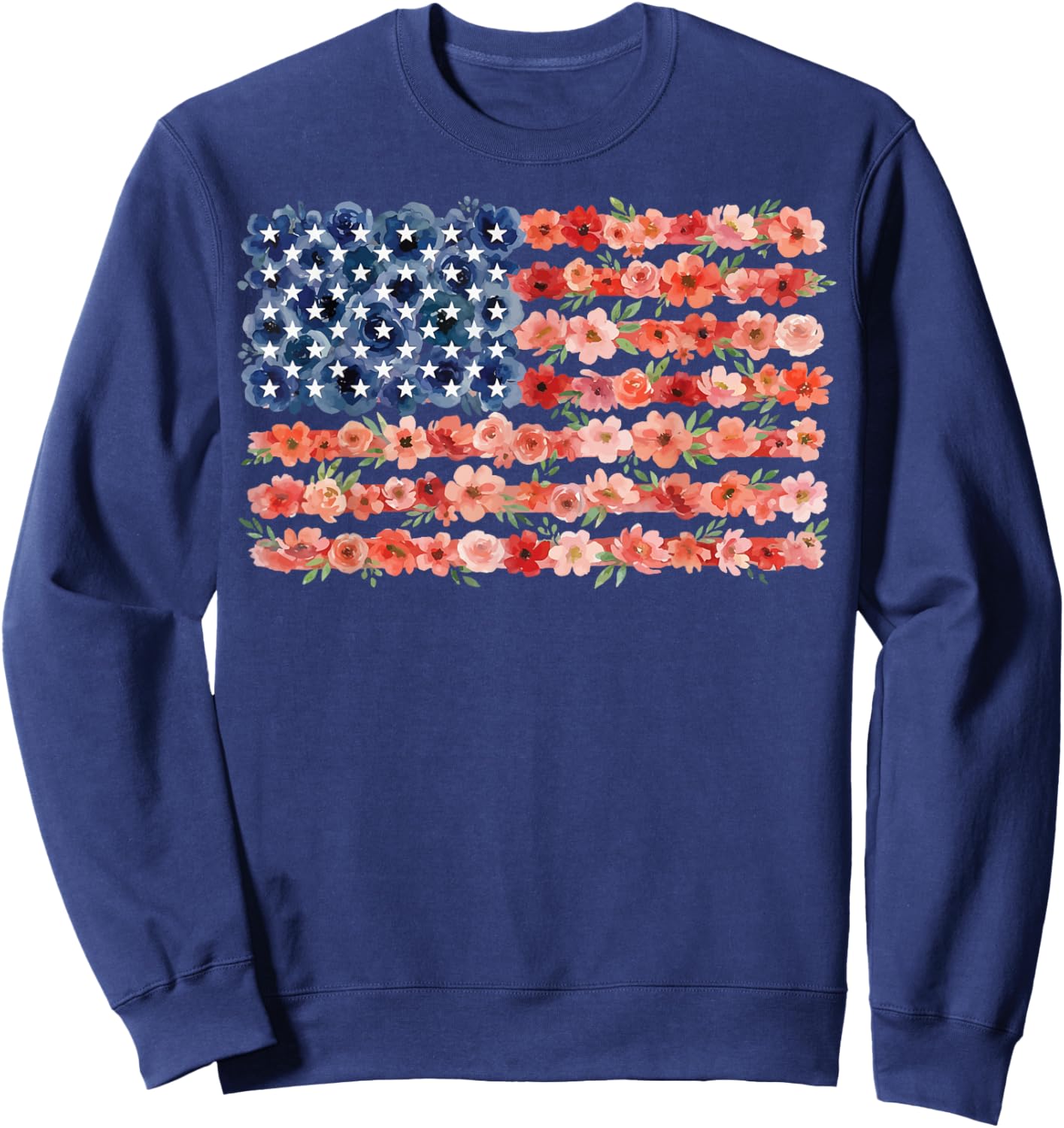 Floral American Flag Flowers Wildflowers 4th of July Sweatshirt - Sweatshirt | Navy