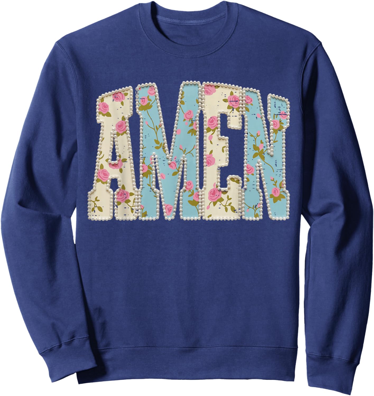 Retro Boho Floral Amen Pearls Religious Christian Easter Day Sweatshirt - Sweatshirt | Navy