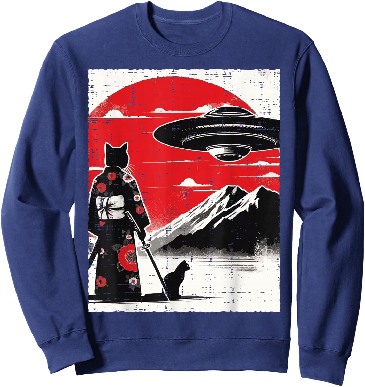 Japanese Cat Kimono UFO Red Sun Samurai Art Men Women Kids Sweatshirt - Sweatshirt | Navy
