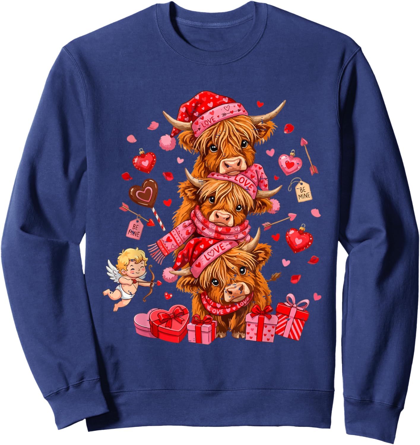 Funny Valentine Highland Cow Lover XOXO Be Mine Cute Cupid Sweatshirt - Sweatshirt | Navy