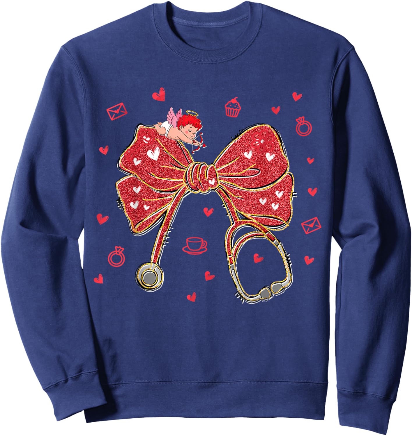 Valentines Nurse Coquette Bow Stethoscope Cupid Nursing Life Sweatshirt - Sweatshirt | Navy
