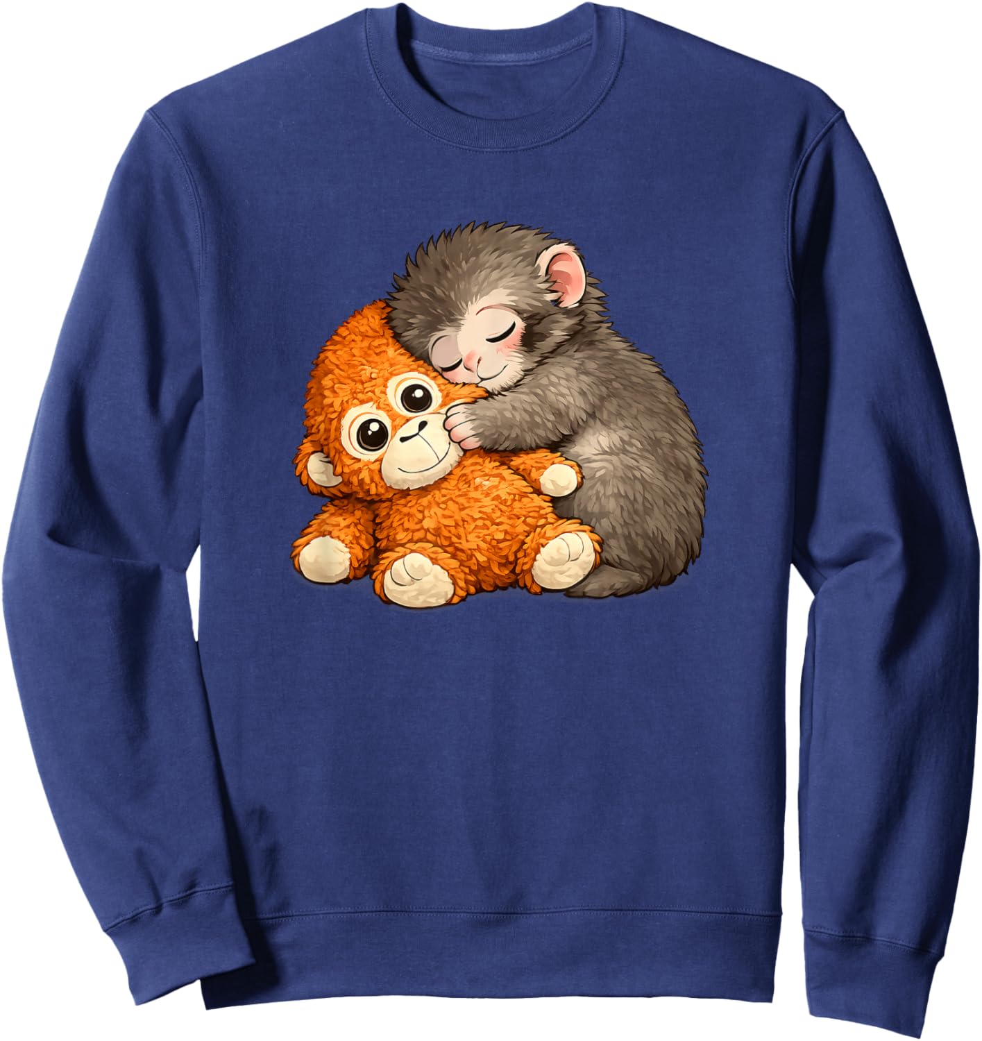 Punch Monkey with Teddy Bear Cuddling Meme Viral Internet Sweatshirt - Sweatshirt | Navy
