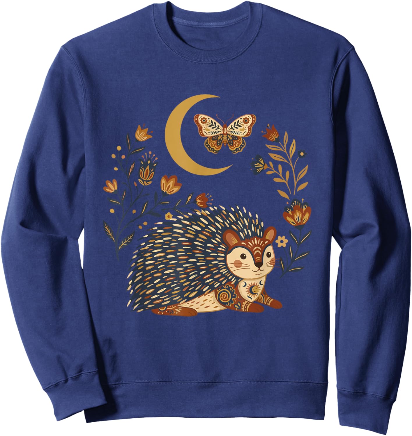 Boho Celestial Porcupine Moon Floral Sweatshirt - Sweatshirt | Navy