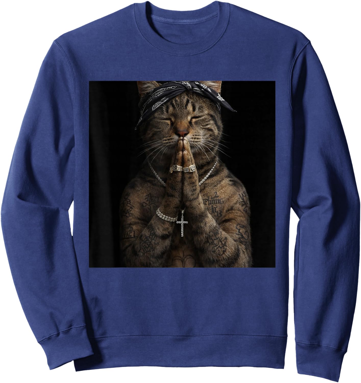 Funny Gangster Cat Gen Z Retro Hip Hop Gangsta Cat Meme Sweatshirt - Sweatshirt | Navy