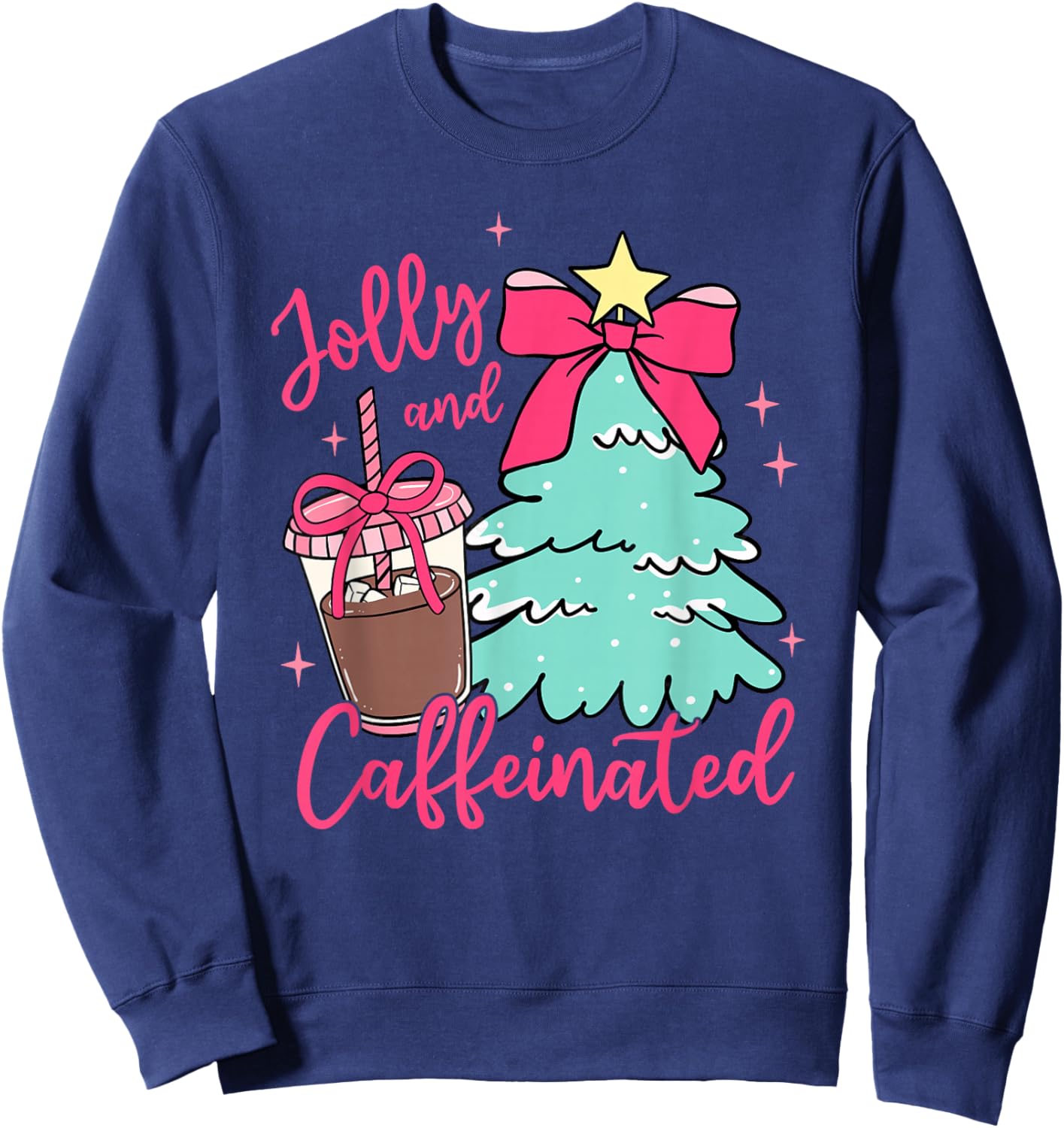 Jolly and Caffeinated Coquette Christmas Tree Coffee Lover Sweatshirt - Sweatshirt | Navy