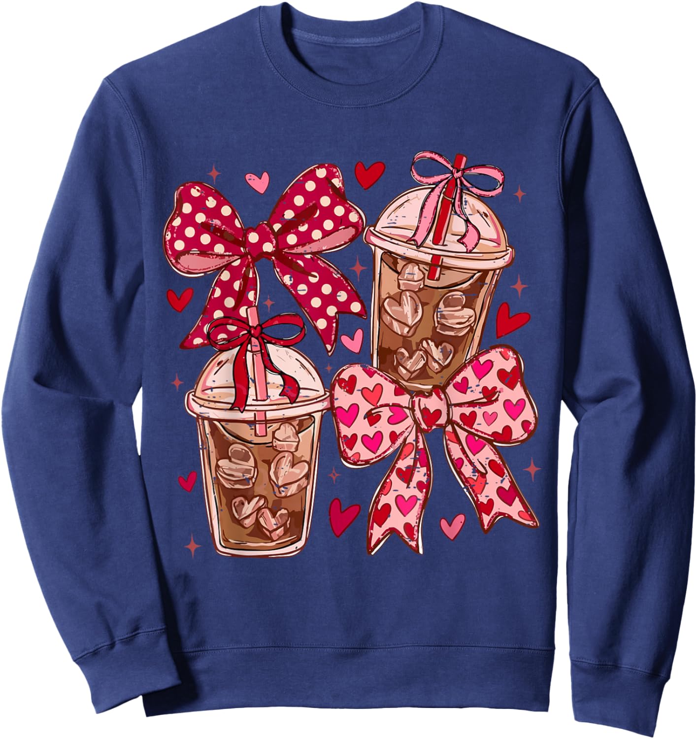 Coquette Bow Funny Valentine Iced Coffee Lover Hearts Pink Sweatshirt - Sweatshirt | Navy