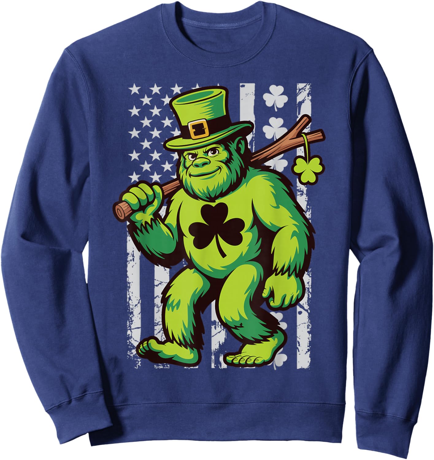 St Patricks Day Bigfoot American Flag USA Shamrocks Vintage Sweatshirt - Sweatshirt | Navy