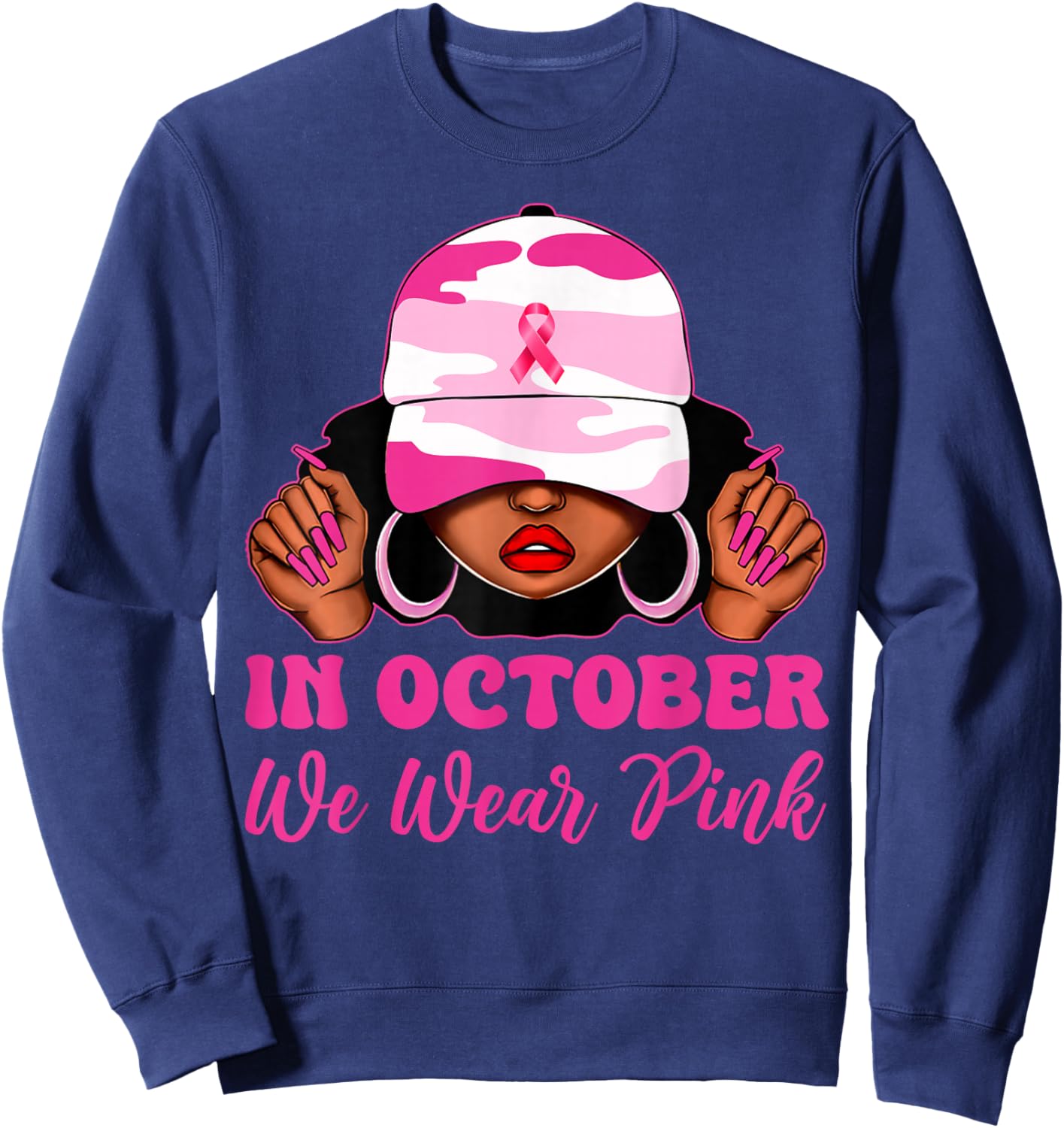in October We Wear Pink Black Women Camo Breast Cancer Sweatshirt - Sweatshirt | Navy