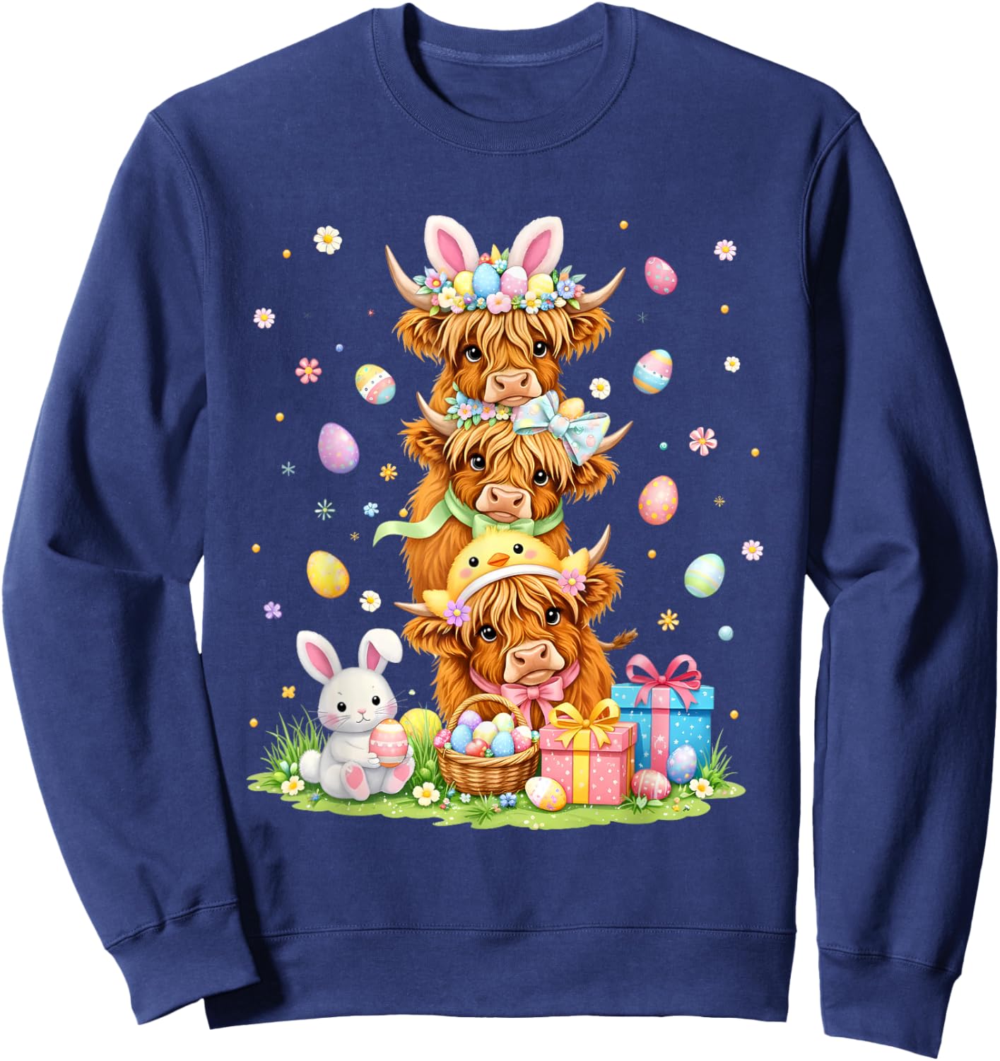 Coquette Western Highland Cow Easter Eggs Cute Bunny Cow Sweatshirt - Sweatshirt | Navy