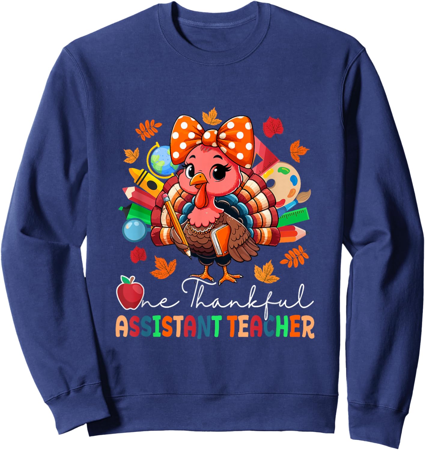 One Thankful Assistant Teacher Thanksgiving Turkey Bow Tie Sweatshirt - Sweatshirt | Navy