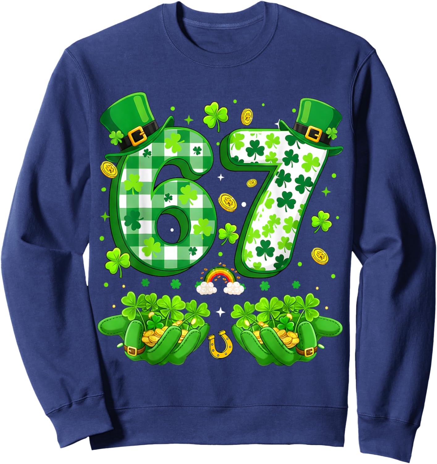 Funny Six Seven 67 Meme Shamrocks St Patrick's Day 6-7 Kids Sweatshirt - Sweatshirt | Navy