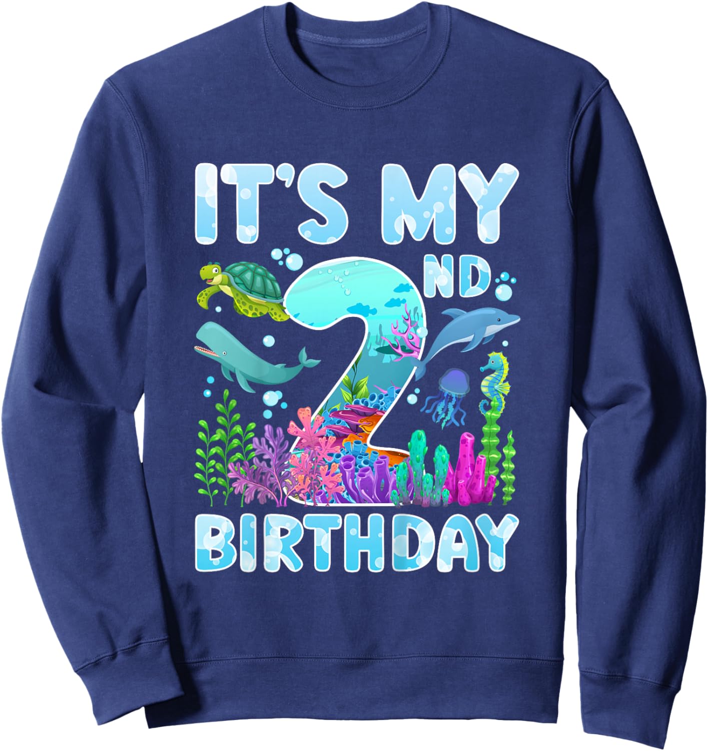 2nd Ocean Birthday Party Two Year Old Sea Animals Sweatshirt - Sweatshirt | Navy
