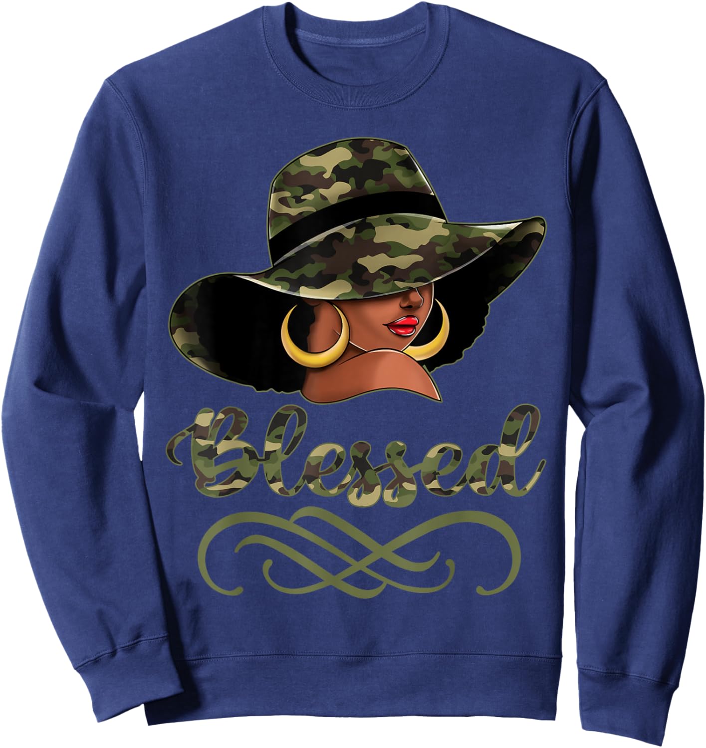 Blessed African American Black Woman Camo Hat Christian Sweatshirt - Sweatshirt | Navy