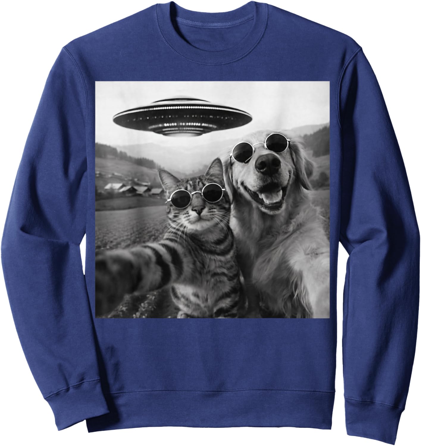 Cat and Dog Selfie with Alien UFO Funny Women Kids Sweatshirt - Sweatshirt | Navy