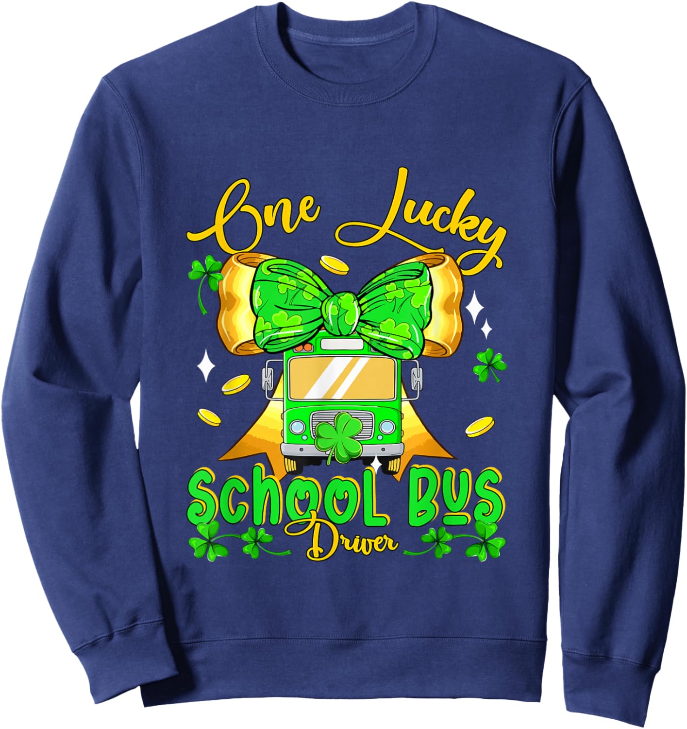 One Lucky Patrick's Day School Bus Driver Bow Tie Shamrocks Sweatshirt - Sweatshirt | Navy