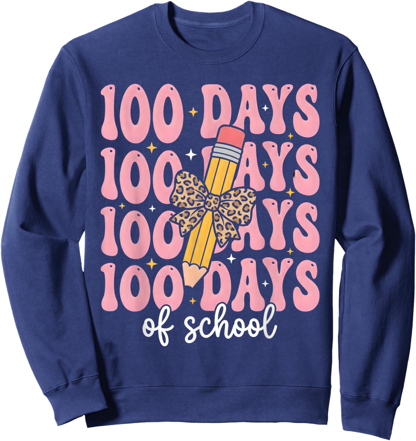 Funny 100 Days School Leopard Bow Pencil Teacher Life Girl Sweatshirt - Sweatshirt | Navy