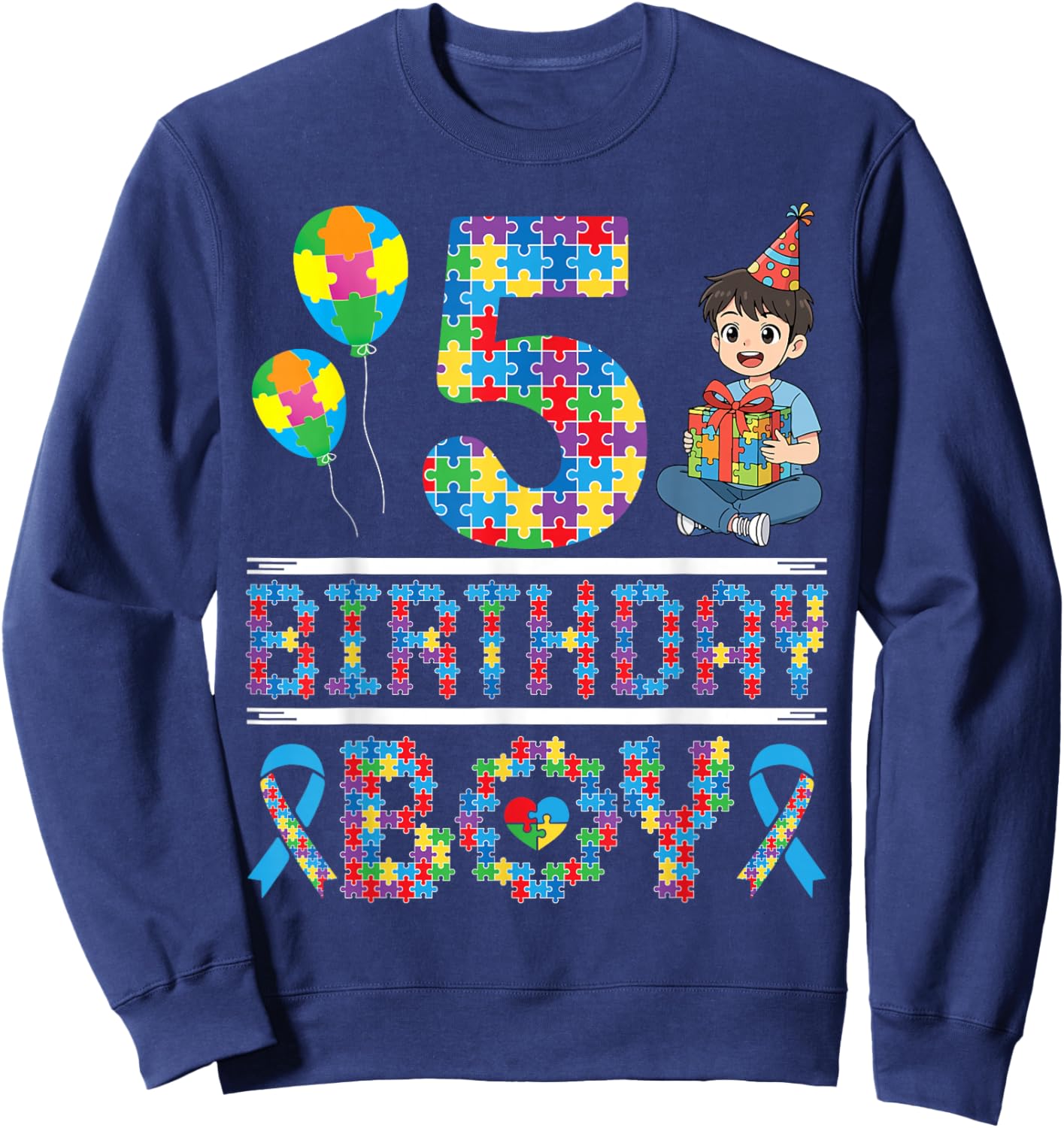 Autism Awareness 5th Birthday Boy Puzzle Piece 5 Years Old Sweatshirt - Sweatshirt | Navy