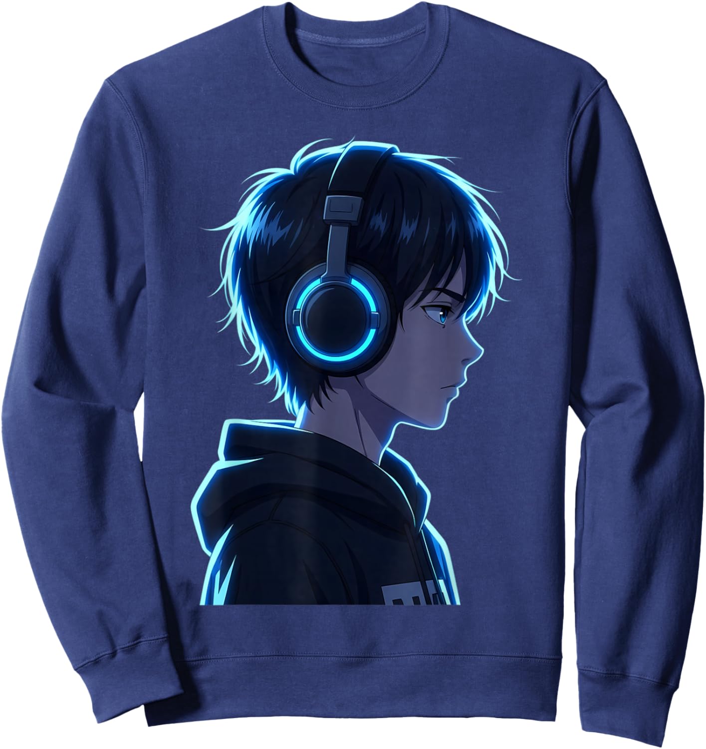Anime Boy Man Manga Graphic Headphones Artwork Anime Fan Art Sweatshirt - Sweatshirt | Navy