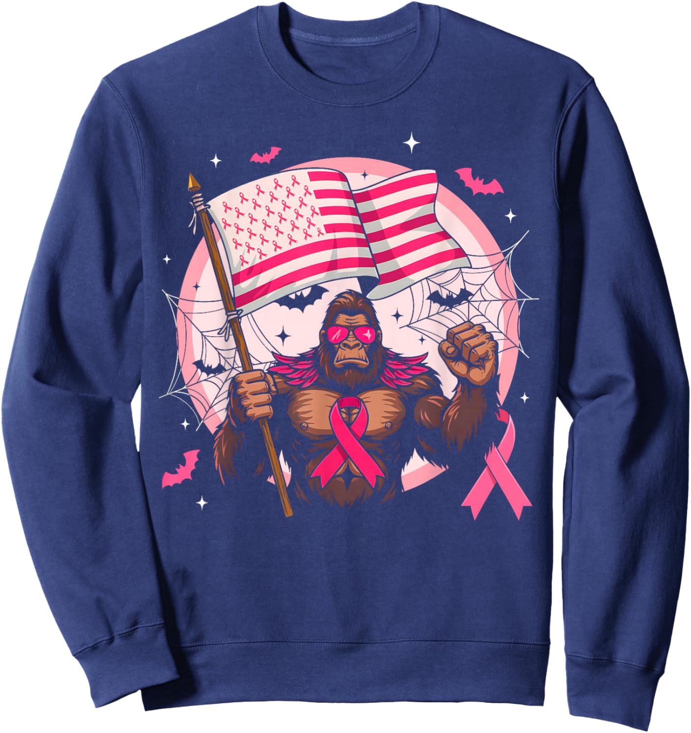 Bigfoot Pink Ribbon Breast Cancer Awareness Month Women Men Sweatshirt - Sweatshirt | Navy