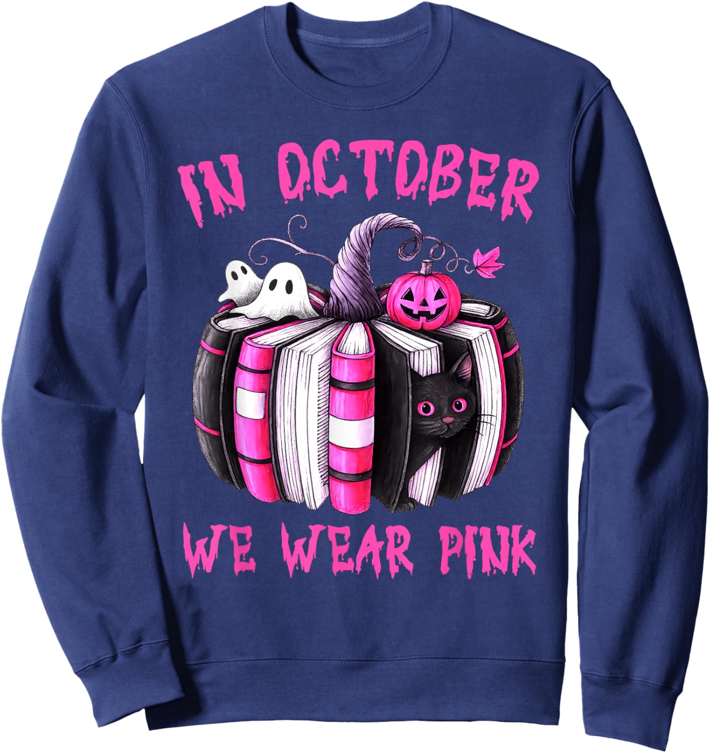 in October We Wear Pink Pumpkin Book Breast Cancer Awareness Sweatshirt - Sweatshirt | Navy
