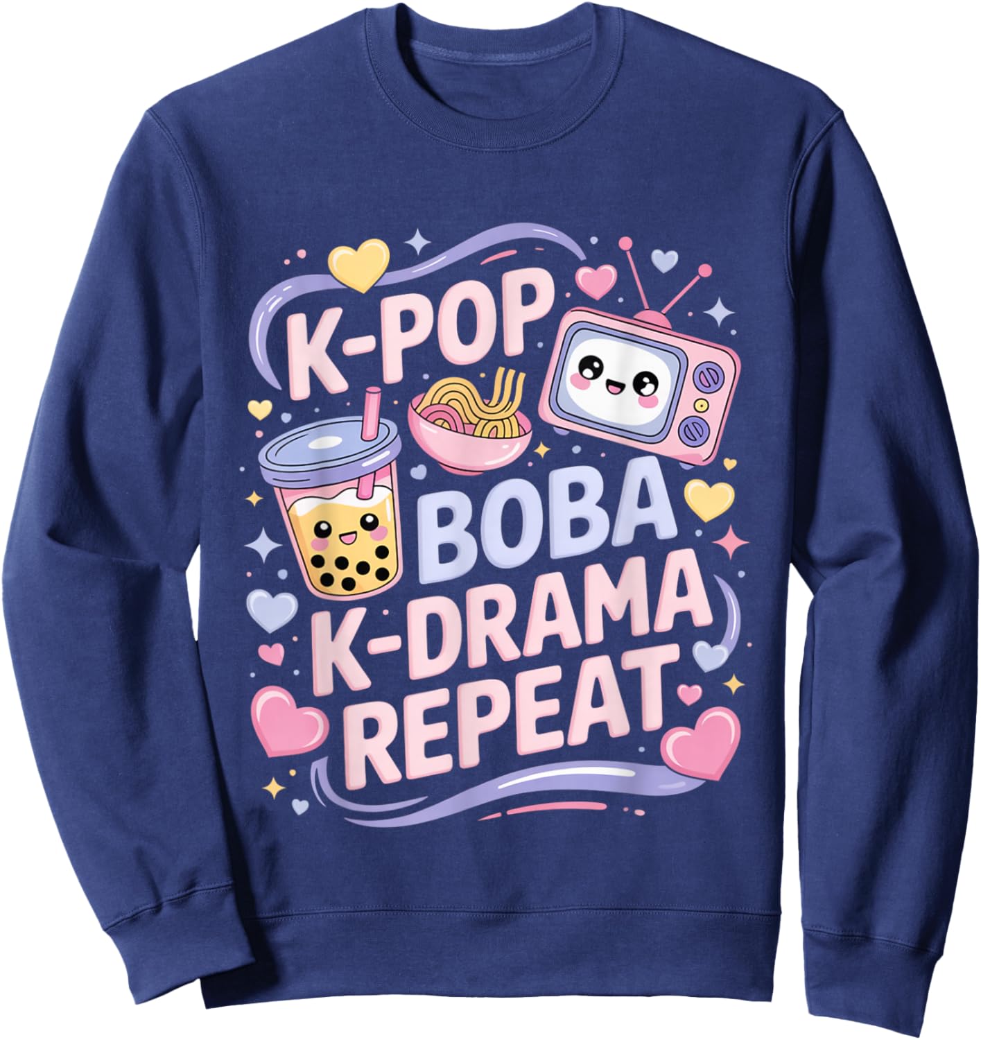 K-Pop Boba K-Drama Repeat K-POP Music Lover Kawaii Korean Sweatshirt - Sweatshirt | Navy
