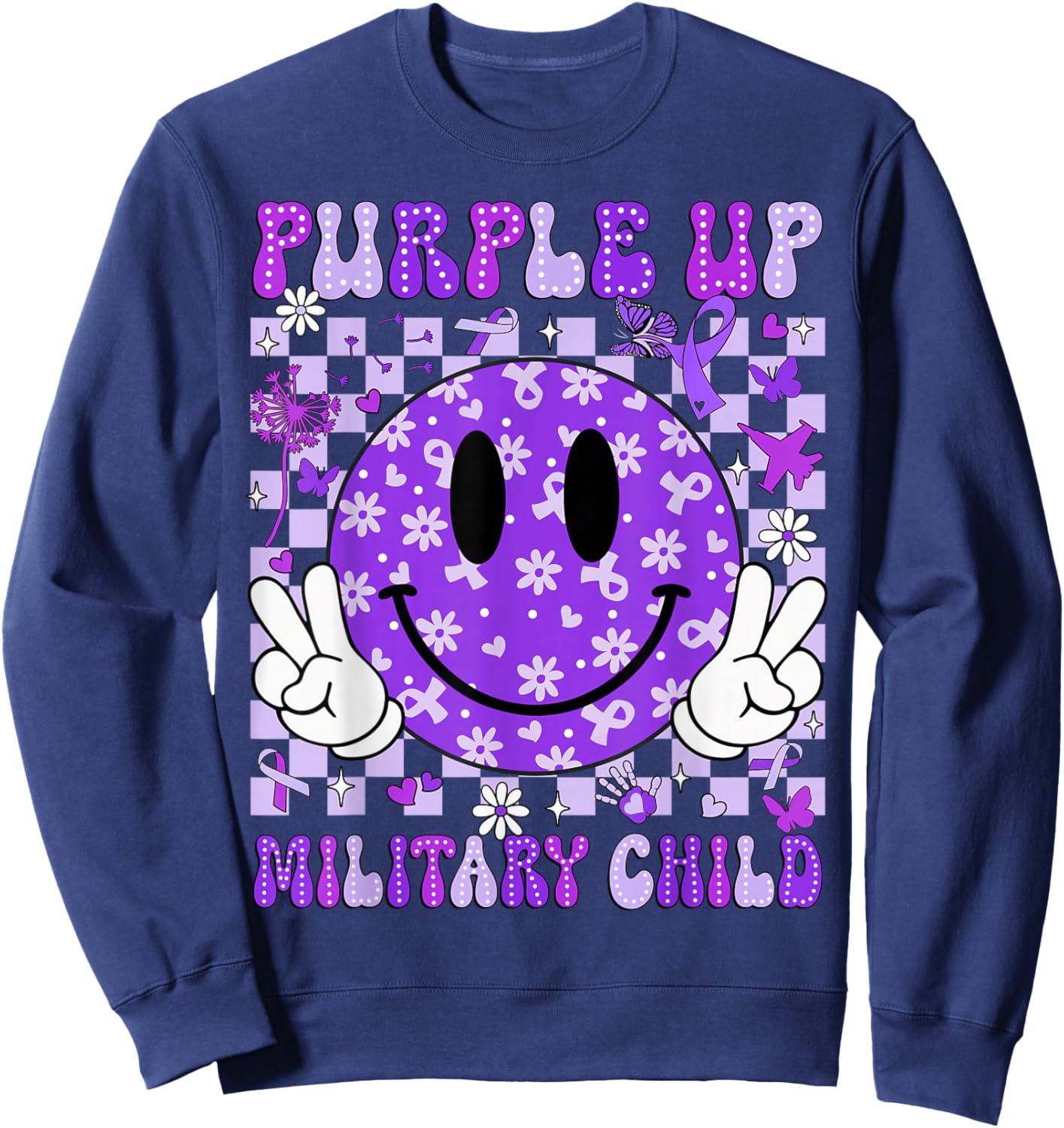 Purple Up Military Child Month Smile Face Women Men Kids Sweatshirt - Sweatshirt | Navy