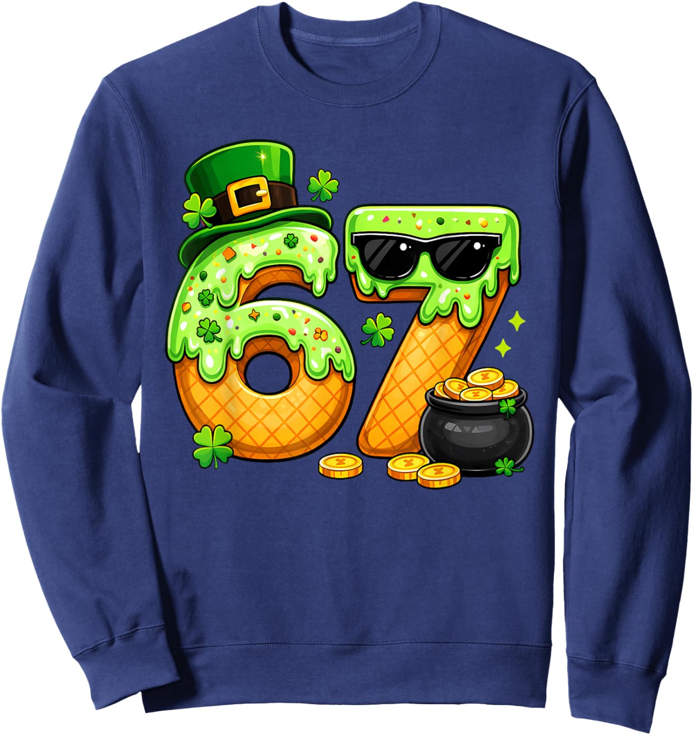 67 Six Seven St Patrick’s Day Shamrock Ice Cream Drip Kids Sweatshirt - Sweatshirt | Navy