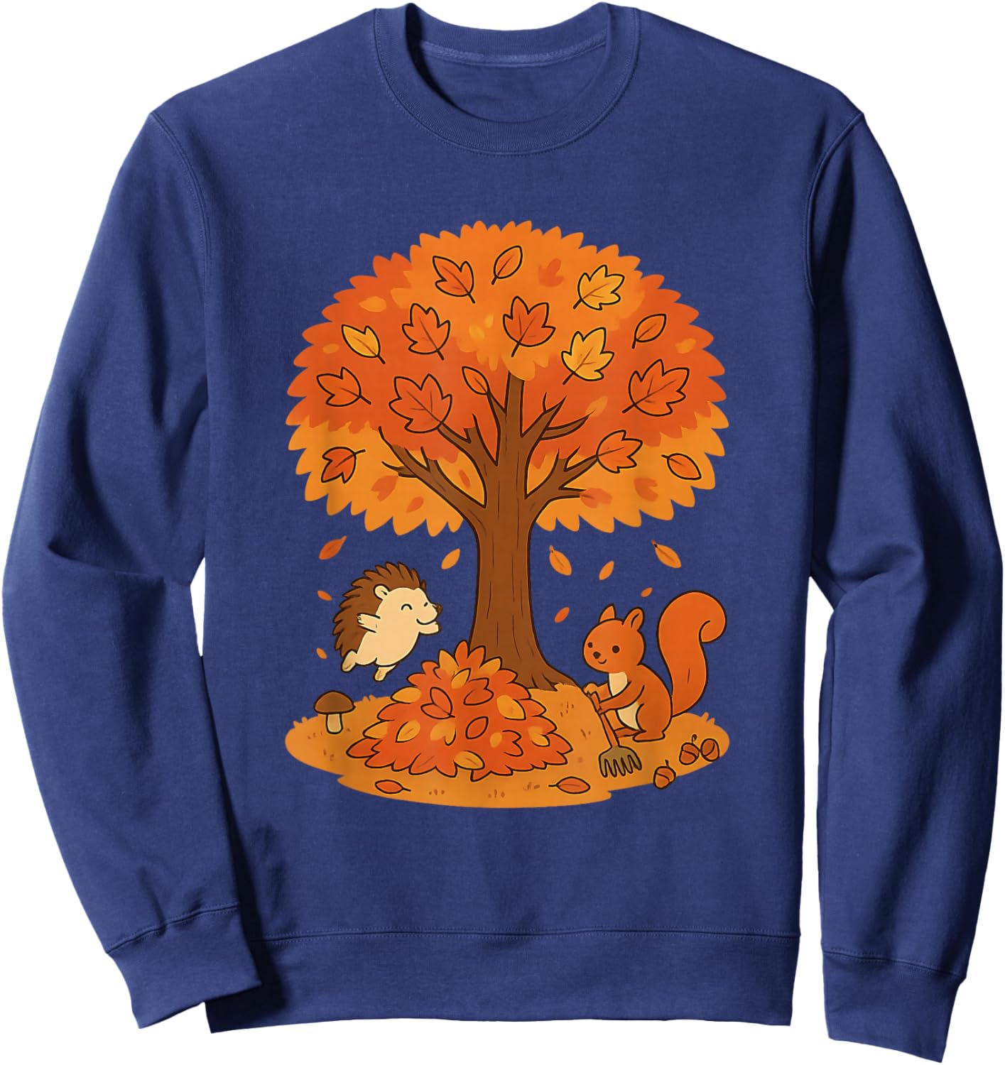 Cute Hedgehog Squirrel Fall Autumn Leaves Tree Leaf Pile Sweatshirt - Sweatshirt | Navy