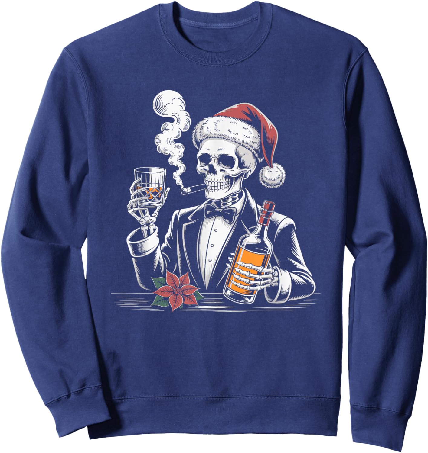 Skeleton Whiskey Christmas Cigar and Whiskey Lovers Sweatshirt - Sweatshirt | Navy