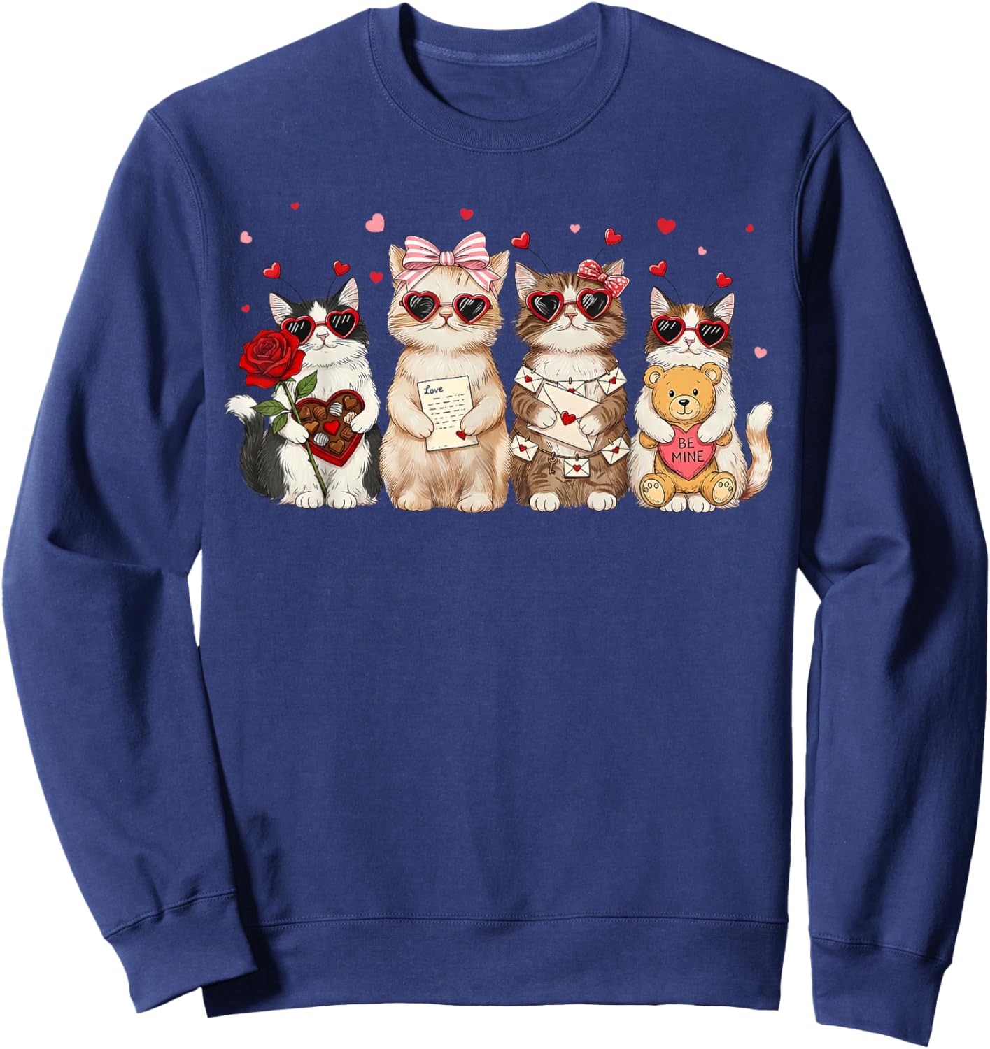 Happy Meowentines Cute Cupid Cat Heart Glasses Coquette Bow Sweatshirt - Sweatshirt | Navy