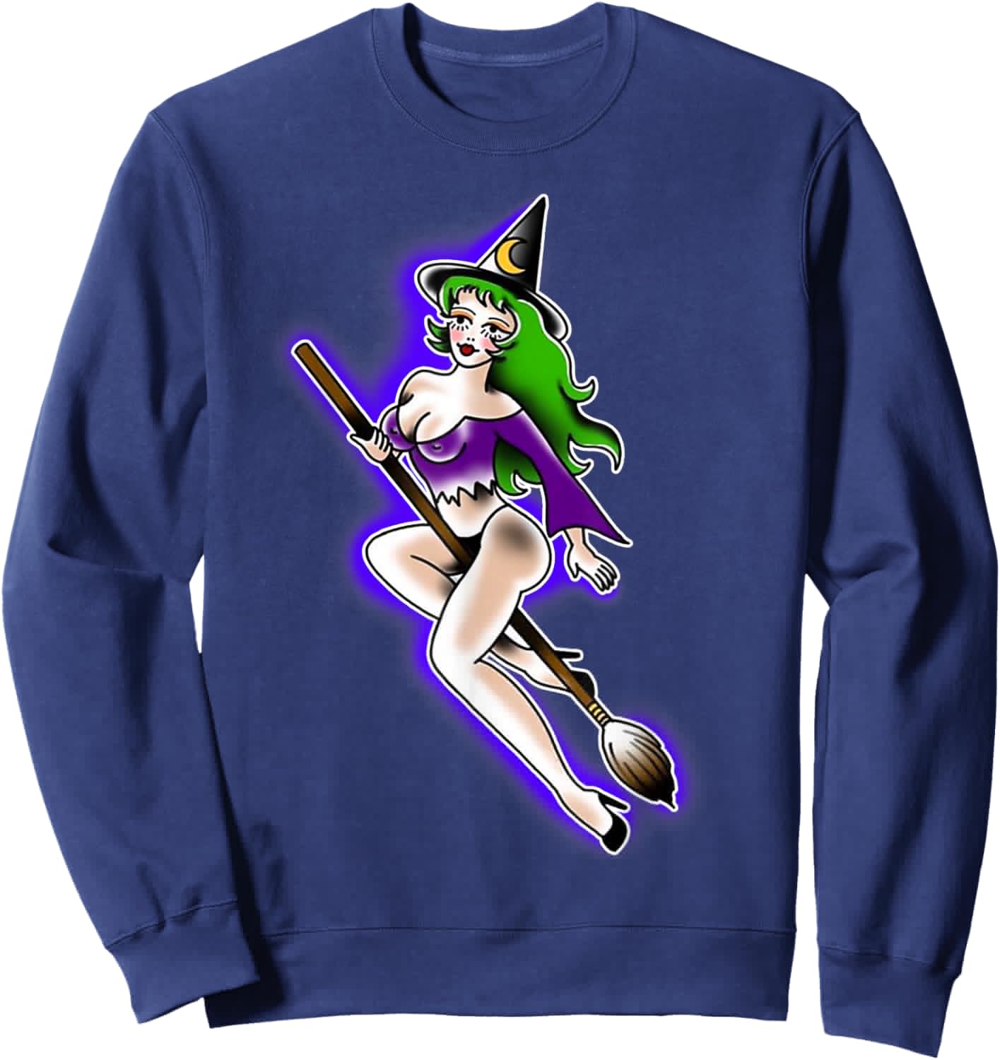 Witch Girl Riding Broom Cute Pin-Up Tattoo Sweatshirt - Sweatshirt | Navy