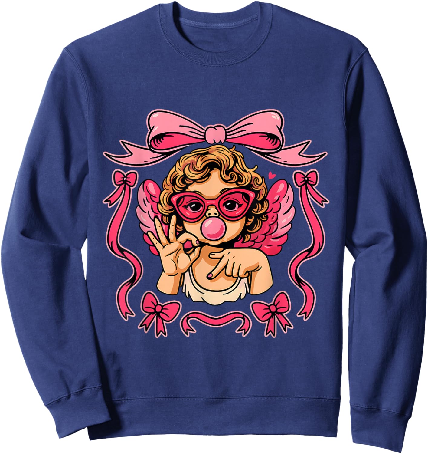 Retro 67 Cupid Angel Bubblegum Pink Aesthetic Valentine Sweatshirt - Sweatshirt | Navy