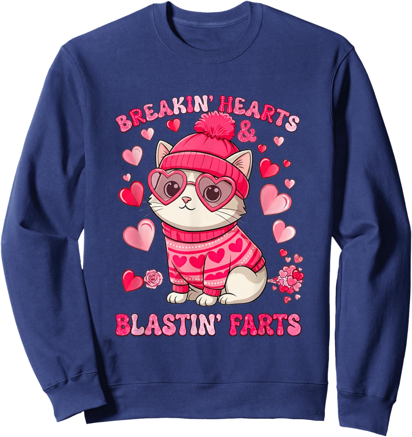 Funny Cat Breaking Hearts Blasting Farts Valentines Day Sweatshirt - Sweatshirt | Navy