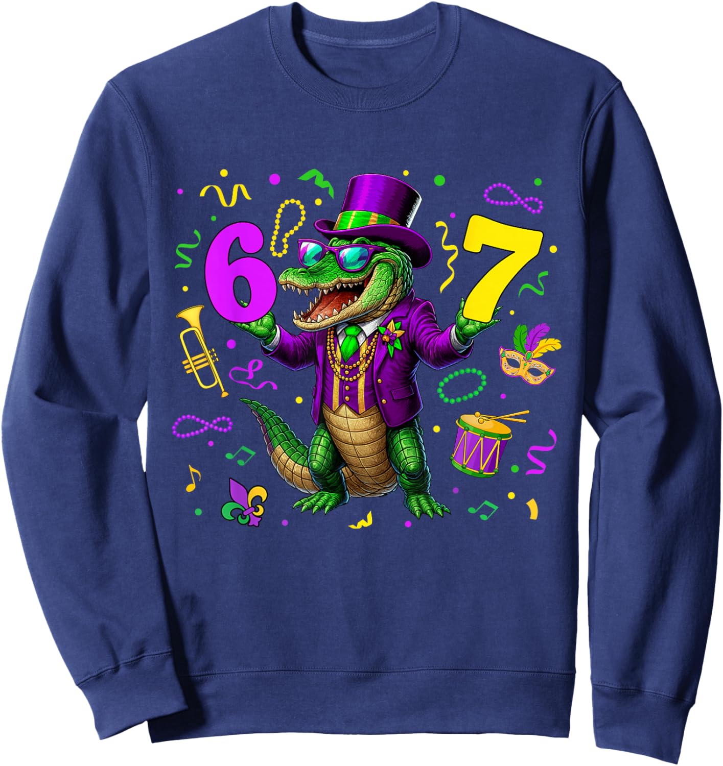 Alligator Six Seven Bruh 6 7 Meme Mardi Gras Carnival Kids Sweatshirt - Sweatshirt | Navy