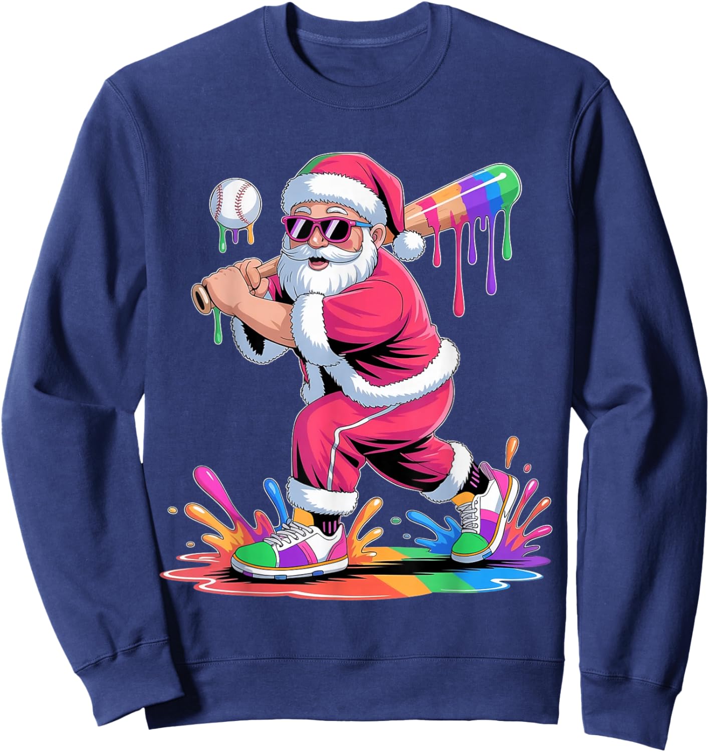 Santa Playing Baseball Ice Cream Dripping Christmas Baseball Sweatshirt - Sweatshirt | Navy