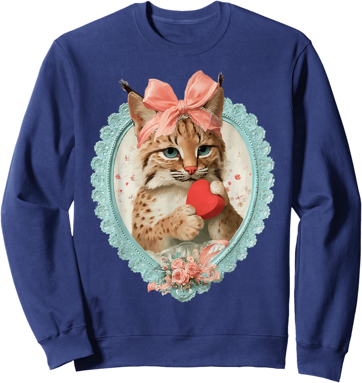 Vintage Valentine Bobcat with Heart Romantic Animal Coquette Sweatshirt - Sweatshirt | Navy